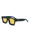 Black sunglasses with yellow lenses on a white background
