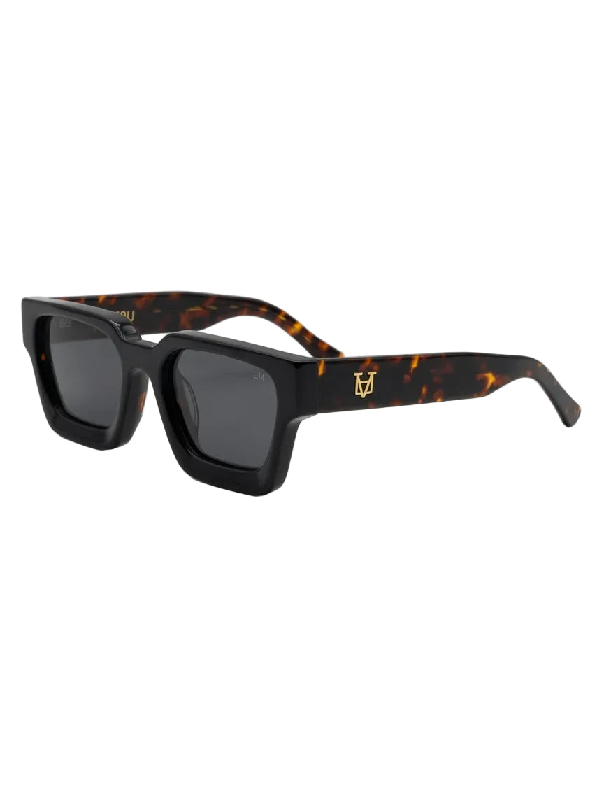 Sunglasses with black and tortoiseshell frame on a white background