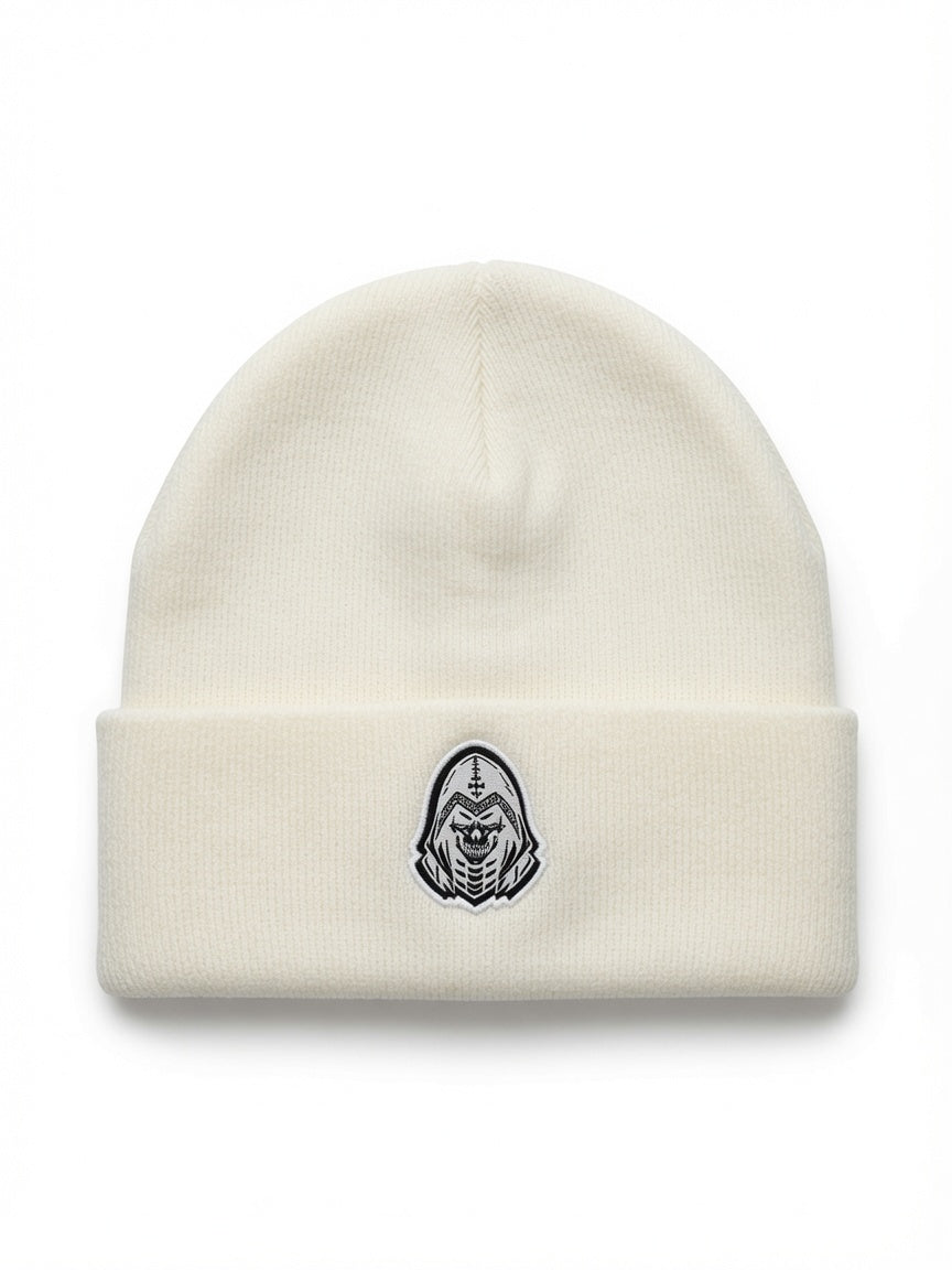 White Embroidered Beanie